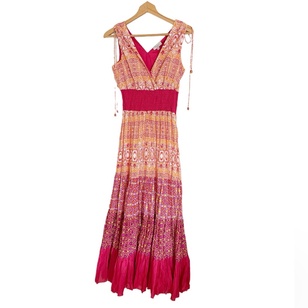 Indikka New York Boho Tiered Sleeveless Tassel Smocked V-neck Maxi Dress size S